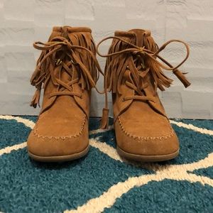 Moccasin booties with wedge heel